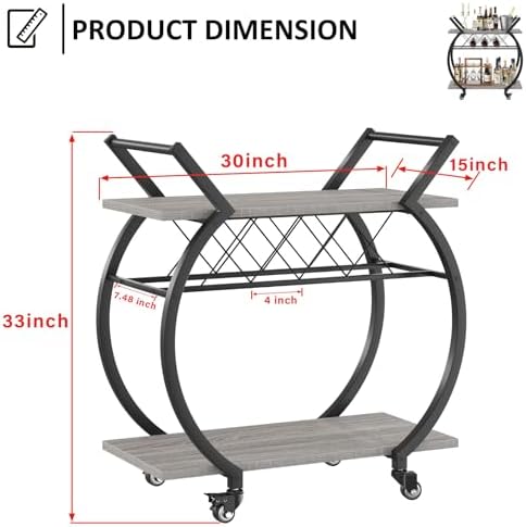 LVB Bar Carts for the Home, Industrial Wine Cart with Storage, Grey Oak - Image 2