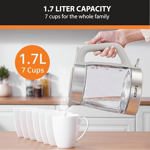KRUPS Electric Kettle, 1.8-Qt (1.7L) Tea Kettle, 1500W with LED indicator, Hot Water Boiler, Auto Shut-off, Rapid 80-Second Cup Boiling, Safe Boil-dry Protection, Water Heater, Glass Carafe, Grey - Image 5