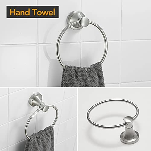 BESy Brushed Nickel 4 Piece Bathroom Accessories Set (Single Towel Bar, Towel Ring, Toilet Paper Holder, Double Towel Hooks), Wall Mounted Bath Hardware Accessory Fixtures Rack Set - Image 3