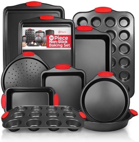 PERLLI Non-Stick 10-Piece Baking Pan Set, BPA-Free Carbon Steel Bakeware Set with Silicone Handles, Stackable Kitchen Oven Set, Cookie Sheet, Baking Tray, Baking Sheet Set, Oven Safe (446°F) by PERLLI