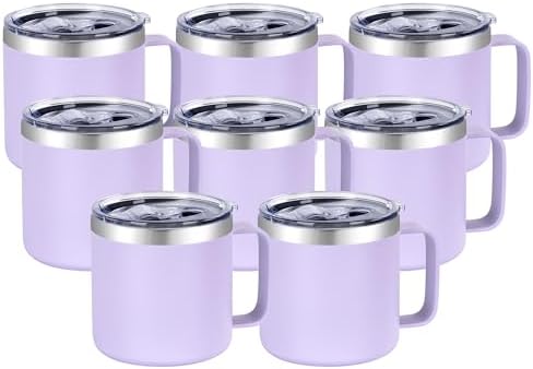 VEGOND 14 oz Insulated Coffee Mug Bulk with Handle, Stainless Steel Travel Coffee Mug with Lid, Double Wall Vacuum Metal Coffee Cup, Coffee Tumbler Powder Coated, Purple 8 Pack by VEGOND