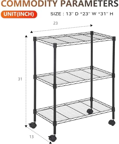 BestOffice | 3-Tier Wire Shelf with Wheels | 23" x 13" x 31" | Black - Image 3