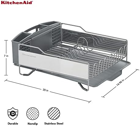 KitchenAid Large Capacity Full Size Rust Resistant Dish Rack with Angled Drain Board and Removable Flatware Caddy, Light Grey - Image 3