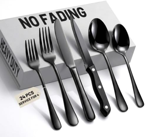 24 PCS NO-FADING Black Silverware Set with Steak Knives, Flatware for 4 by Kikcoin