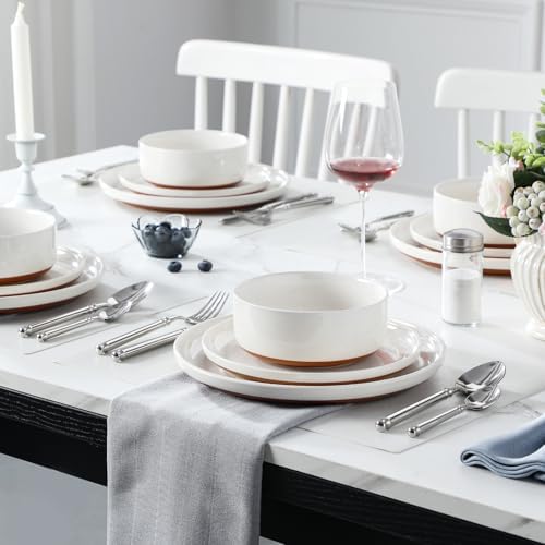 MALACASA Plates and Bowls Sets, 12 Pieces Modern Stoneware Dinnerware Set for 4 Kitchen Dinner Set Ceramic Dishware Dishes Set Microwave and Dishwasher Safe, White, Series TARA - Image 5