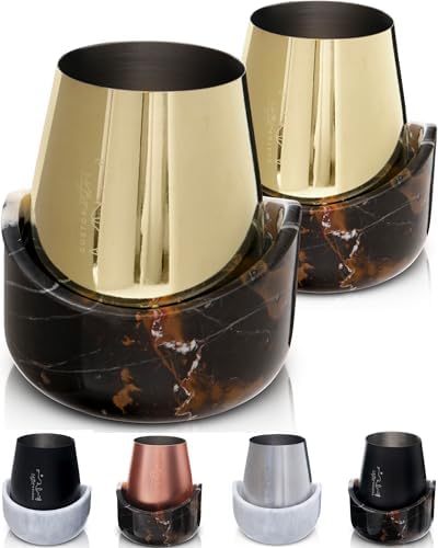 Gusto Nostro Marble Wine Chiller for Glass & Stainless Steel Tumbler Set of 2 - Wine Glass Chiller Holder for Freezer - Cool Set of Chillers & Stemless Wine Metal Tumblers for Home, Bar (Black & Gold) by GustoNostro