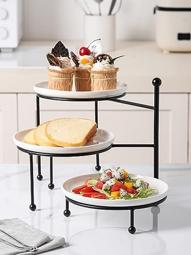 Kanwone 3 Tiered Serving Stand with White Porcelain Plates, Tiered Tray Stand, Dessert Table Display Set, 8" x 8" Tier Serving Trays with Black Metal Stand for Entertaining, 3 Tier Dessert Stand - Image 6