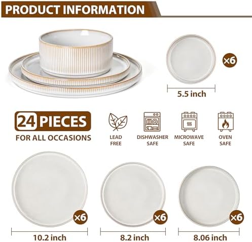 LIANYU 24 Piece Stoneware Plates and Bowls Dishes Set for 6, Dinnerware Sets with Pasta Bowls, Ribbed Dining Ware Dishware for Home Wedding, Microwave and Dishwasher Safe, Dawn Beige - Image 2