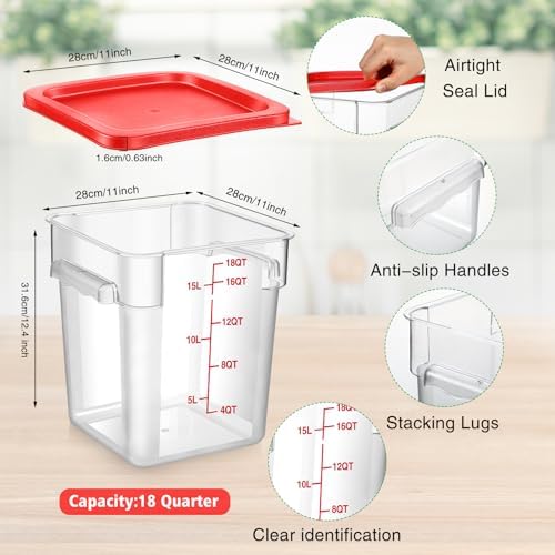 Suclain 2 Pcs Square Food Storage Container Polycarbonate Clear Food Container with Lid Commercial Rice Storage with Graduations for Commercial Kitchen(18 Qt,Red) - Image 2