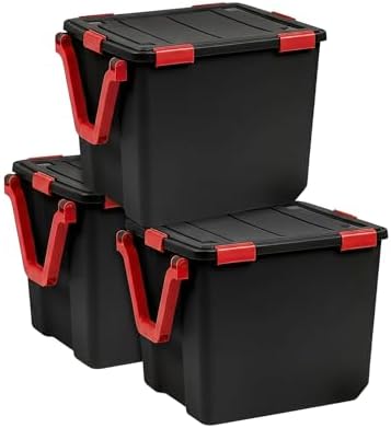IRIS USA 3-Pack 106 Qt Storage Bins with Gasket Lids, Black/Red by IRISUSA