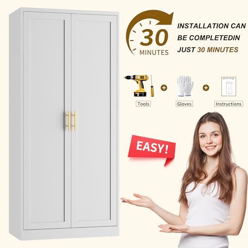 BESFUR 71" Tall White Kitchen Pantry Cabinet, Metal Food Storage Cabinet with 4 Adjustable Shelves, Freestanding Cupboard with Doors for Kitchen, Dining Room, Living Room, Bathroom, Laundry Room - Image 6