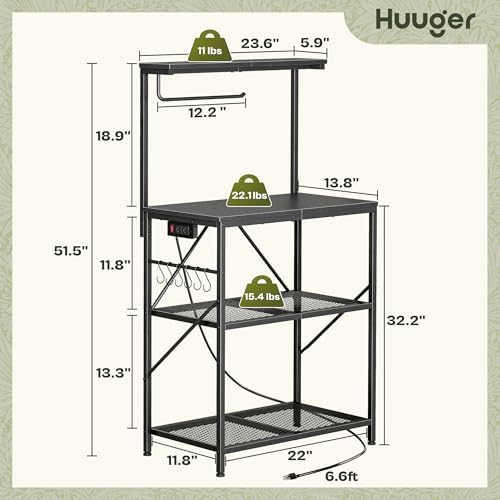 Huuger 4-Tier Bakers Rack with Reversible Power Outlet, 23.6 Inch Microwave Stand, Kitchen Coffee Bar, with Top Shelf, 6 S Hooks, Black - Image 3