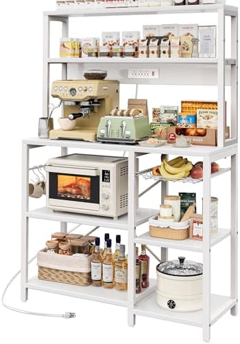 SUPERJARE Bakers Rack with Power Outlet, 35.4 Inches Coffee Bar with Basket by SUPERJARE