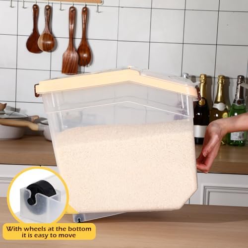 Sunnyray 4 Pcs Flour Storage Containers Rice Bin with Wheels, Beige, 38 lb - Image 4