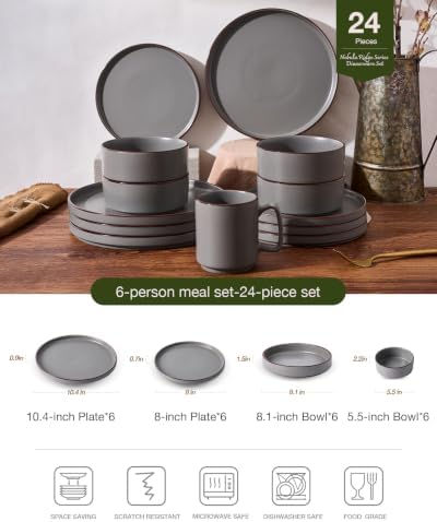 Famiware Nebula Ridge 24-Piece Dinnerware Set with Pasta Bowls, Dark Gray - Image 2