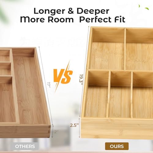 Fabsome Silverware Organizer for Kitchen Drawers, 2.5'' Deep 12.8'' Wide Bamboo Wood Flatware Tray with Deep Slots for Large Cutlery Utensil Drawer - Image 4