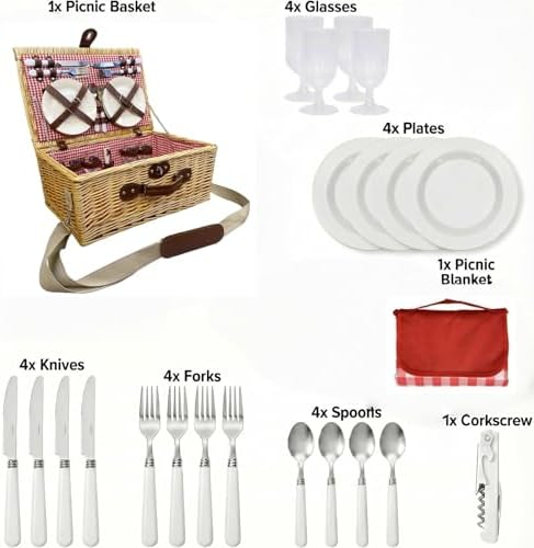 Multifunctional Wicker Picnic Basket Set for 4 Adults with Pink Blankets - Image 3