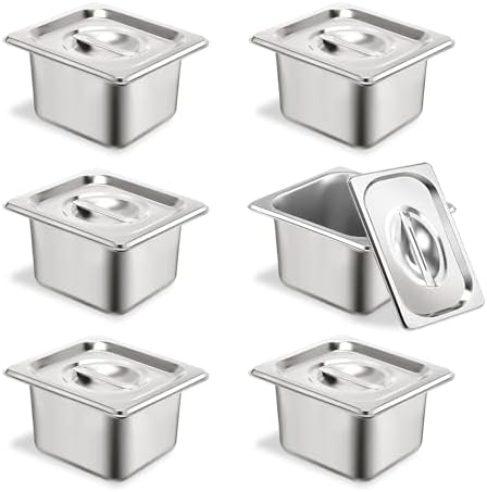 6 Pack Hotel Pans 1/6 Size 4" Deep Stainless Steel Steam Table Pan w/Lids by TSUBOR