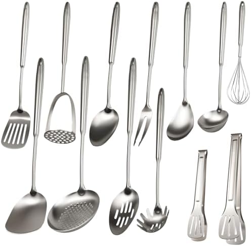 304 Stainless Steel Cooking Utensils Set, 13 PCS Long Large Metal Cooking Utensil Tools Set, Mirror Polished Kitchen Gadget Cookware and Kitchen Tool Set, Dishwasher Safe by Unknown