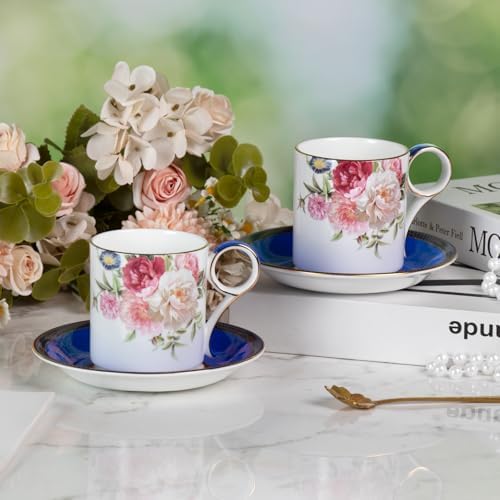 KAMMAK Tea Cups and Saucers Set of 2, Porcelain Coffee Cups, JBE015 - Image 7