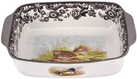 Spode Woodland Rectangular Handled Dish - 12 Inch Fine Porcelain Serveware Featuring Mallard & Quail - (9.5" x 12") Oven, Microwave & Dishwasher Safe Serving Platter - English Country Dining Decor by Spode