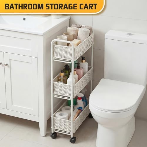 FOCHIER F Utility Slim Storage Cart,3-Tier Rolling Kitchen Office Laundry Room Cart,Mobile Shelving Unit Organizer for Living Room Bathroom Baby Diaper Narrow Places (White, UC-White-7.1inch) - Image 6