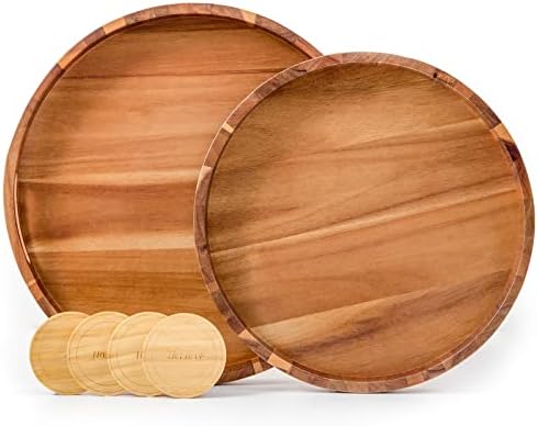 Round Wood Serving Trays Set of 2, Ottoman Tray Rustic Acacia Wooden Trays with Handles, Nesting Circle Tray with 4 Coasters for Coffee Table Living Room Bathroom Bedroom Party by DecentVrvege