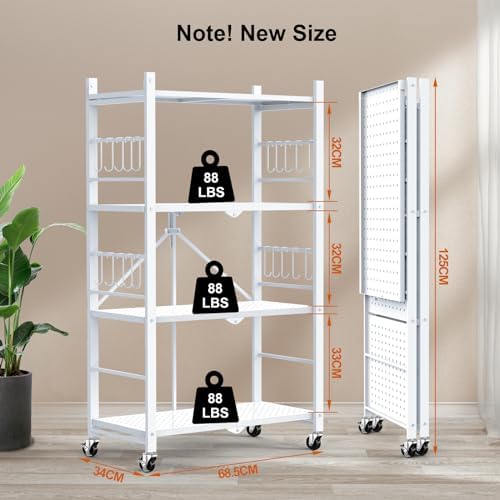 Himix 4-Tier Foldable Metal Storage Shelf with Wheels Kitchen White - Image 3