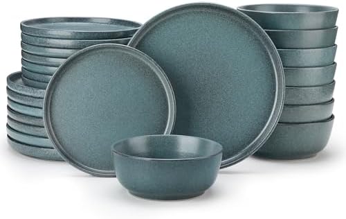 vancasso Plates and Bowls Sets, 24 Pieces Stoneware Dinnerware Set for 8, Ceramic Dish Set for Kitchen, Microwave and Dishwasher Safe, Smoky Teal, Series ZERMATT by vancasso