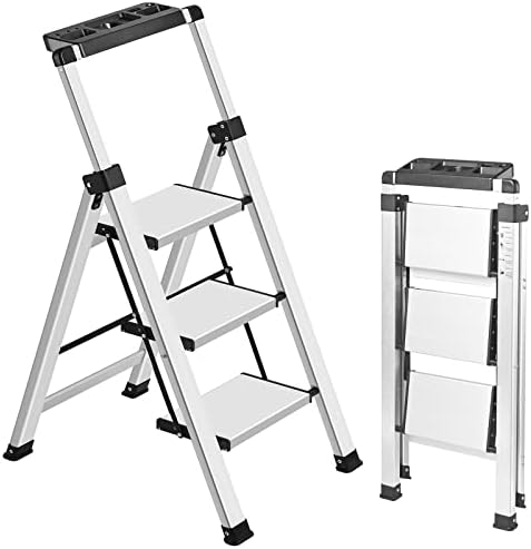 XinSunho 3 Step Ladder, Aluminum Folding Stool with Retractable Handgrip by XinSunho