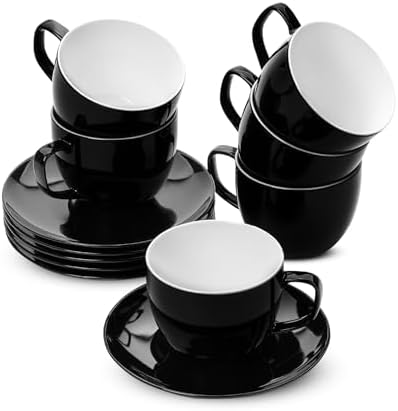 BTaT- Cappuccino Cups with Saucers 8 oz, Set of 6, Black Porcelain Coffee Cup and Saucer Set for Latte, Mocha, Tea, Au Lait, Flat White, Dishwasher, Microwave, Freezer and Oven Safe by BrewToATea