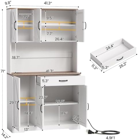 GRUSIGN 71" Pantry Cabinet with Charging Station, Large Capacity Kitchen Hutch Storage Cabinet, Kitchen Cabinet with Microwave Stand, Storage Drawers & Adjustable Shelves for Dining Room, White - Image 3