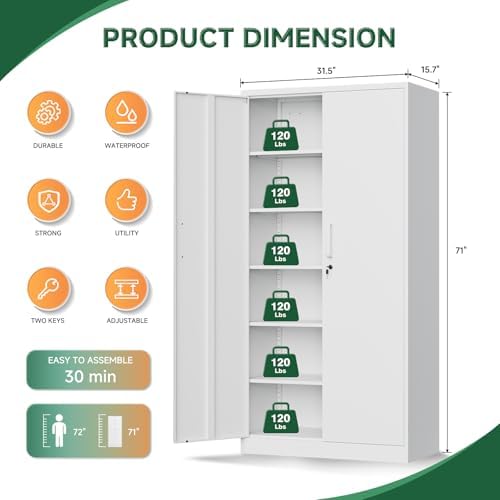 Letaya Metal Storage Cabinets with Lock Door,Steel Locker Garage Cabinets 5 Adjustable Shelves for Home,Office, Warehouse(White) - Image 3