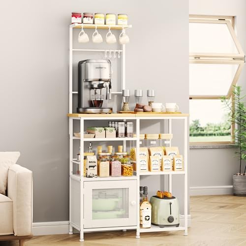 SWTYMIKI Bakers Rack with Storage - Coffee Bar Cabinet Organizer with 8 Hooks, Shelves & Cabinet Door, Coffee Station for Kitchen Dining Room, Microwave Stand with Adjustable Feet, White by SwtyMiki-TidyHomeSweetLife