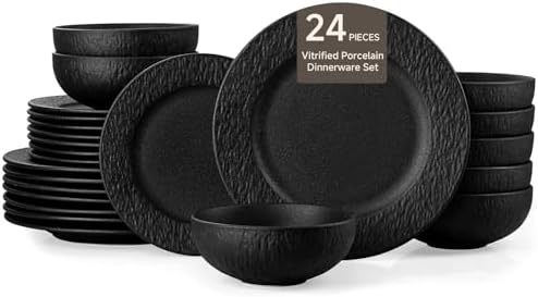 Black Dinnerware Sets, 24-Piece plates and bowls sets, Matte Marble by KINGSTONE