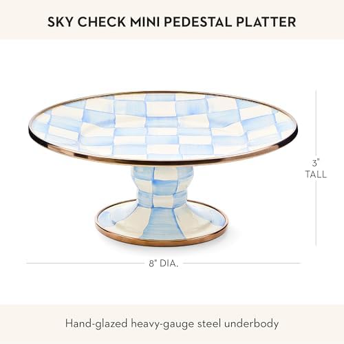 MACKENZIE-CHILDS Pedestal Platter, Mini, Light-Blue-and-White Sky Check - Image 4