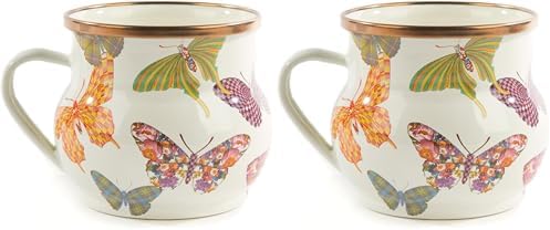 MACKENZIE-CHILDS Enamel Mug, Cute Enamelware Coffee and Tea Mug, Unique Drinkware, 16 Ounces, Butterfly Garden, Set of 1 (Pack of 2) by Unknown