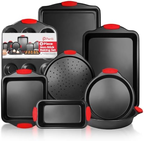 PERLLI Non-Stick 8-Piece Baking Pan Set, BPA-Free Carbon Steel Bakeware Set with Silicone Handles, Stackable Kitchen Oven Set, Cookie Sheet, Baking Tray, Baking Sheet Set, Oven Safe (446°F) by PERLLI