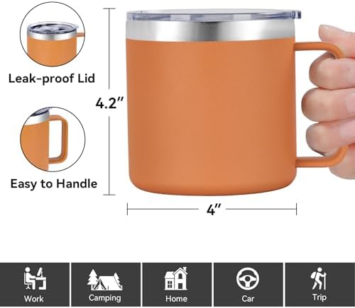 VEGOND 14 oz Insulated Coffee Mug Bulk with Handle, Stainless Steel Travel Coffee Mug with Lid, Double Wall Vacuum Metal Coffee Cup, Coffee Tumbler Powder Coated, Orange 4 Pack - Image 3