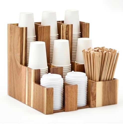 CroBlissful 9 Compartment Acacia Wood Vertical Coffee Cup and Lid Dispenser by CroBlissful