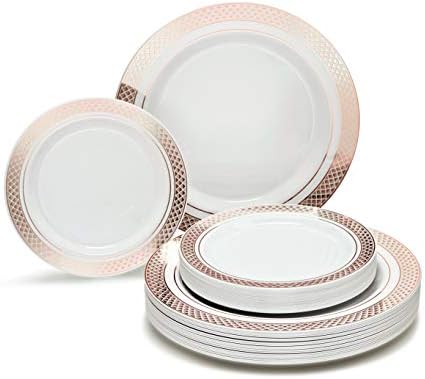 OCCASIONS 100 Plates Pack,(50 Guests) Heavyweight Premium Wedding Party Disposable Plastic Plates Set -50 x 10.5'' Dinner + 50 x 7.5'' Salad/Dessert (Celebration White & Rose Gold) - Image 6