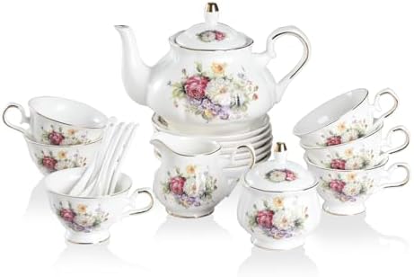 Sweejar Porcelain Tea Set Vintage Floral, British Relief Gold Rim Teapot Cup and Saucer Sets, 22-Piece Tea Sets for Adults, with Teapot, Sugar Bowl, Milk Jug, Spoons, Cup and Saucer (Flower Style) by Sweejarco1949