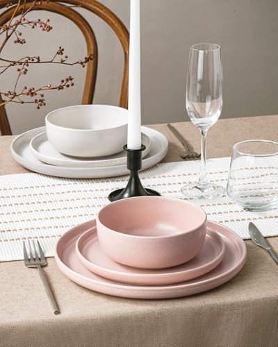 Famiware Milkyway 12-Piece Dinnerware Set, Matte Beige White & Light Pink - Image 3