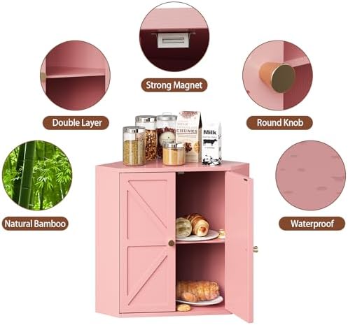 Trironsun Corner Bread Box for Kitchen Counter Double Layer Bamboo Bread Storage Container Large Capacity Bread Storage Bin Farmhouse Breadbox Organizer (Pink) - Image 7