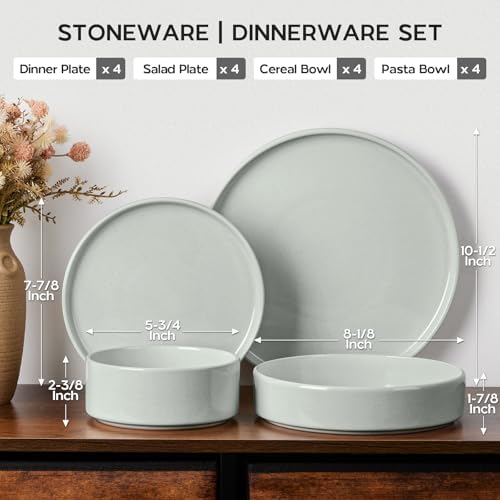 Onader Speckled Dinnerware Set for 4 with Pasta Bowl, 16 Piece Stoneware Plates and Bowls Dishes Set, Microwave & Dishwasher Safe – Pale Sage Green - Image 2