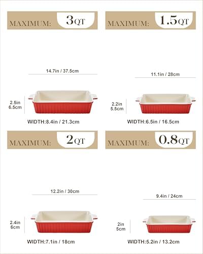 MALACASA Ceramic Casserole Baking Dishes Set of 4, Red with Handles - Image 2