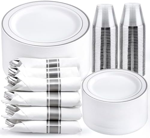 WELLIFE 350Pcs Silver Plastic Plates for 50 Guests - Disposable Dinnerware Set, Party Supplies Includes 100 Silver plates,150 Silverware,50 Napkins,50 Cups, Plastic Plates for Party and Wedding by WELLIFE