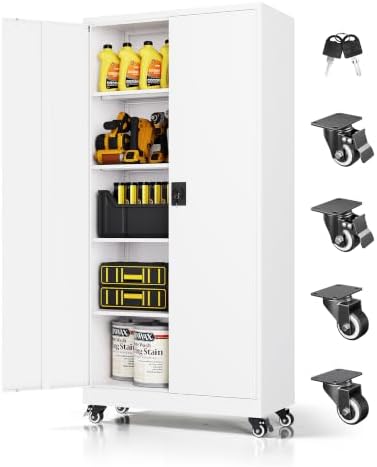 Metal Garage Storage Cabinet with Locking Doors and Adjustable Shelves, Wide & Deep Storage Cabinet on Wheels, 74.5" Rolling Tool Cabinet for Garage, Basement, Home Office by LISSIMO