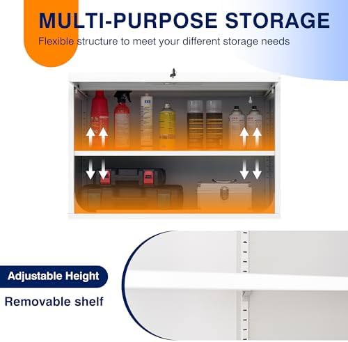Yizosh Metal Wall Cabinet with Doors and Shelves, Floating Storage Unit for Garage or Basement (White, 21.6" H) - Image 5