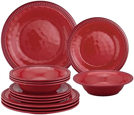 UPware 12 Piece Beaded Melamine Dinnerware Sets, Outdoor Dishes Set, Plates and Bowls Sets, Service for 4, Red by UPware
